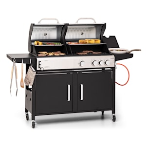 Kingsville 3.1 Kombigrill | 3+1 Edelstahlbrenner | Leistung: 10,9 kW (3 x 2,8 kW + 2,5 kW) | InstantReady Concept | für Gasflaschen bis 11 kg | 2-in-1: Gasgrill / Holzkohlegrill | höhenverstellbarer Grillrost | Haken | Piezo-Zündung | Regenschutzhaube