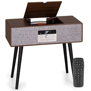 Julie Ann record player stereo system | 3 speeds: 33, 45 and 78 rpm | CD player | DAB+/FM radio | Bluetooth connection | USB recording function | 2 speakers | LC display | remote control | AUX input | 4 detachable legs