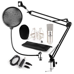 CM001S set de micrófono V4 micrófono condensador adaptador USB brazo de micrófono protección anti pop plata