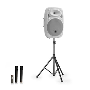 Streetstar 15 equipo PA móvil + trípode altavoz de graves de 15" micro UHF 1.000 W blanco