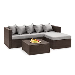 Theia Lounge Set Gartengarnitur Eckcouch Hocker 5 Kissen Polyrattan braun / hellgrau