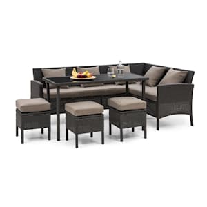 Titania Dining Lounge Set Gartengarnitur Essecke Tisch 3 Hocker 5 Kissen Polyrattan Schwarz / Braun
