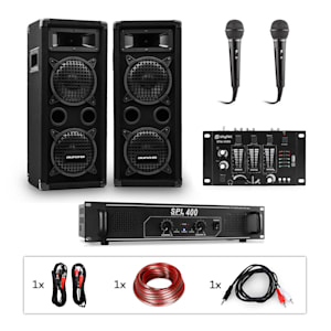 PW-65x22 MKII, kit PA per karaoke, amplificatore + 2 altoparlanti PA + mixer + 2 microfoni