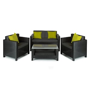 Verona Salon de jardin 4 pièces Canapé, Fauteuils, Table, rotin -noir/gris/vert