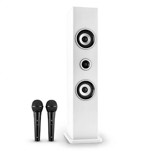 Karaboom Altavoz con Bluetooth USB AUX Karaoke 2 x micrófonos blanco