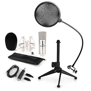 CM001S Set Microfono V2 Microfono a Condensatore Adattatore USB Stativo argento
