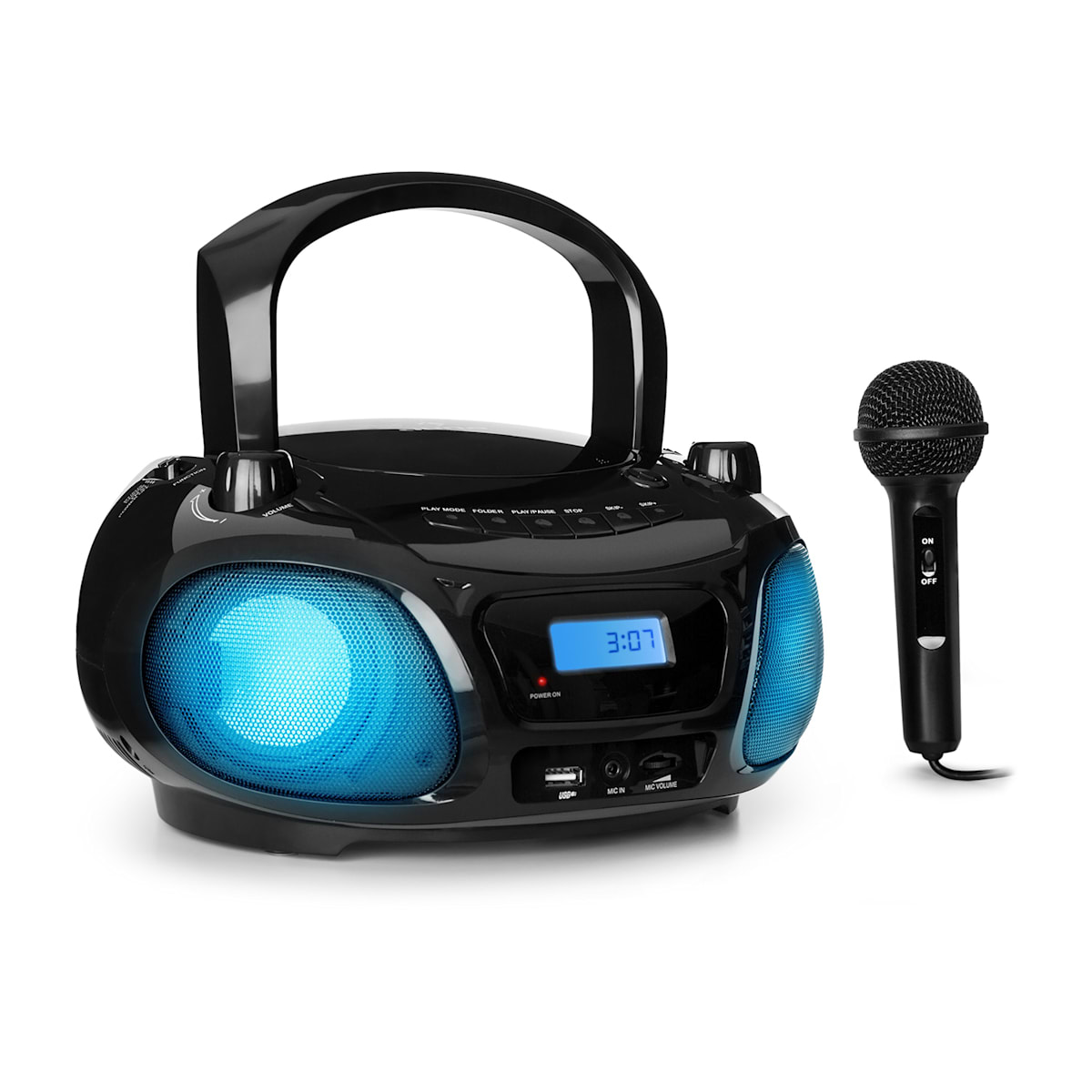 Roadie Sing CD Boombox avec radio FM et spectacle lumineux, Lecteur CD, Micro, Radio FM, Bluetooth, Effet lumineux LED disco, USB, AUDIO IN