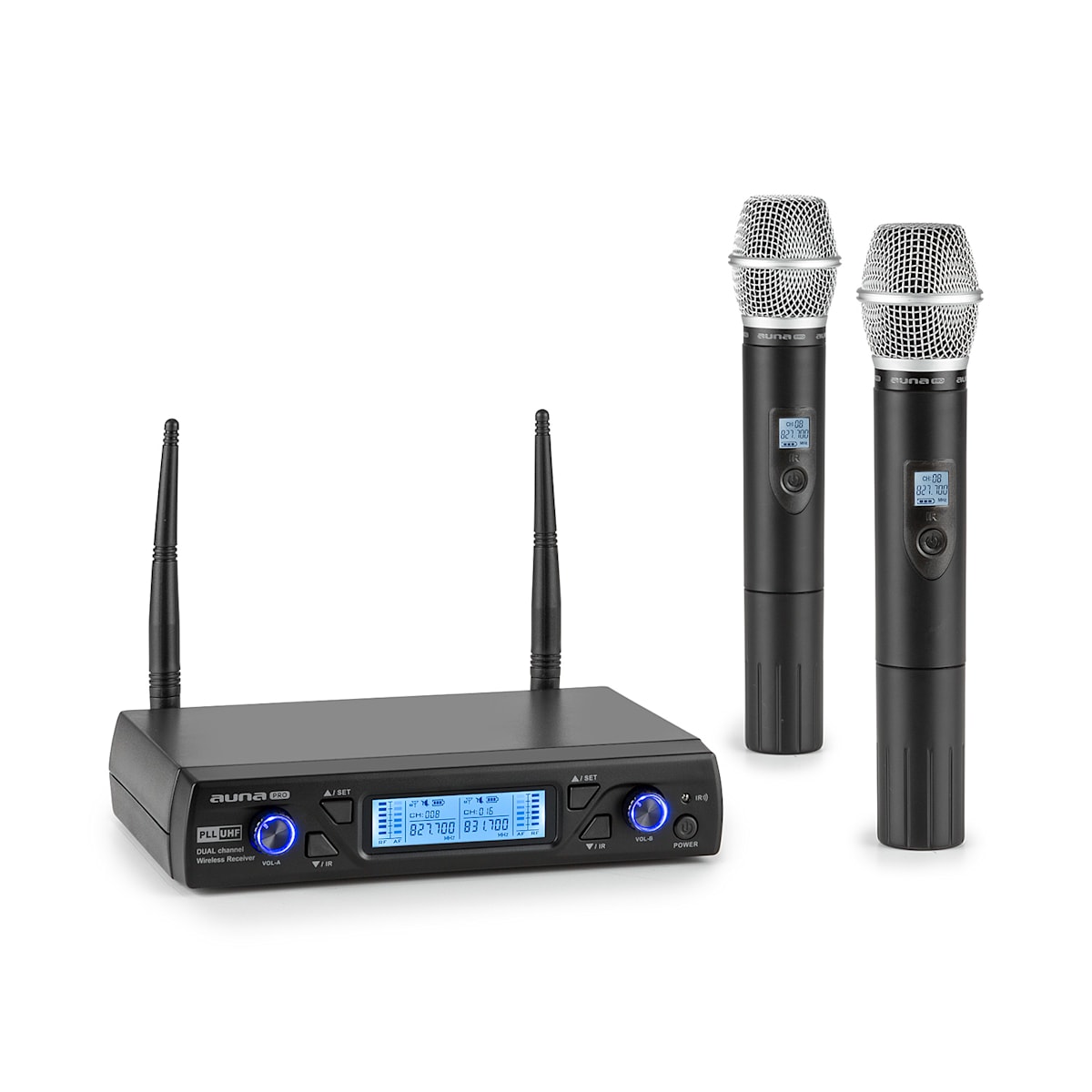 UHF200C-2H ensemble micro UHF sans fil 2 canaux récepteur 2x micros  portables noirs 2 x Micros mains