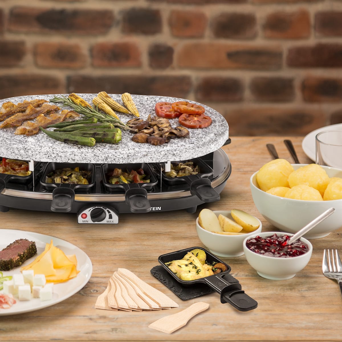 All-U-Can-Grill Raclette Griglia da raclette, 4-in-1, Per pancake, Piastra in pietra, 8 persone, 8 padelline da raclette & appoggi, Ardesia, Spatola, Rivestimento antiaderente