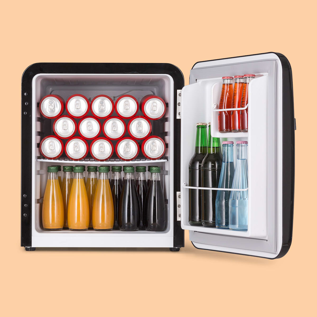 Audrey Mini Retro-Kühlschrank Minikühlschrank Getränkekühlschrank, Energieeffizienzklasse F, 48 Liter Fassungsvermögen, 2 Ebenen, Kühltemperatur: 0 - 10 °C