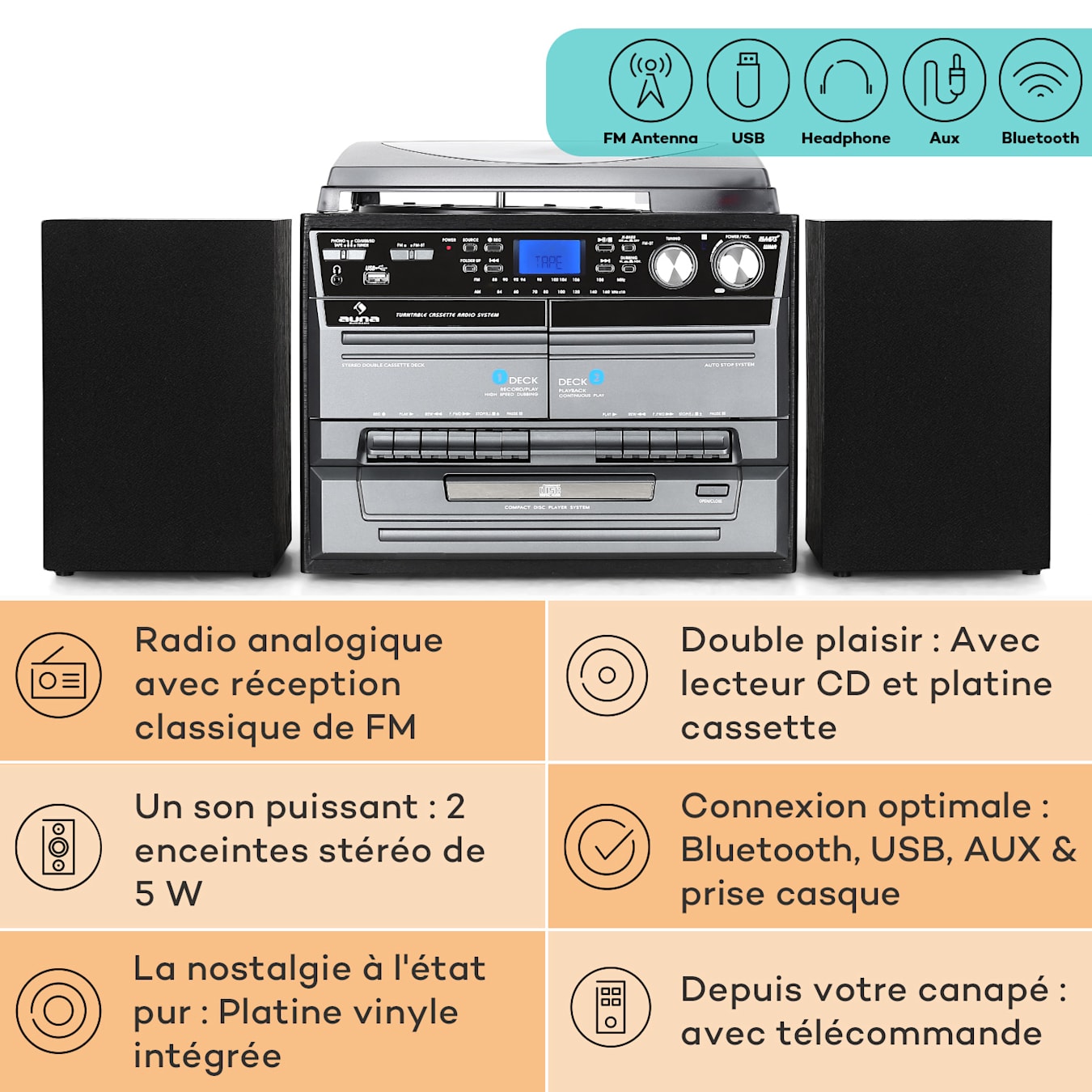 Poste radio bande FM lecteur de cassette audio Usb K7 carte SD