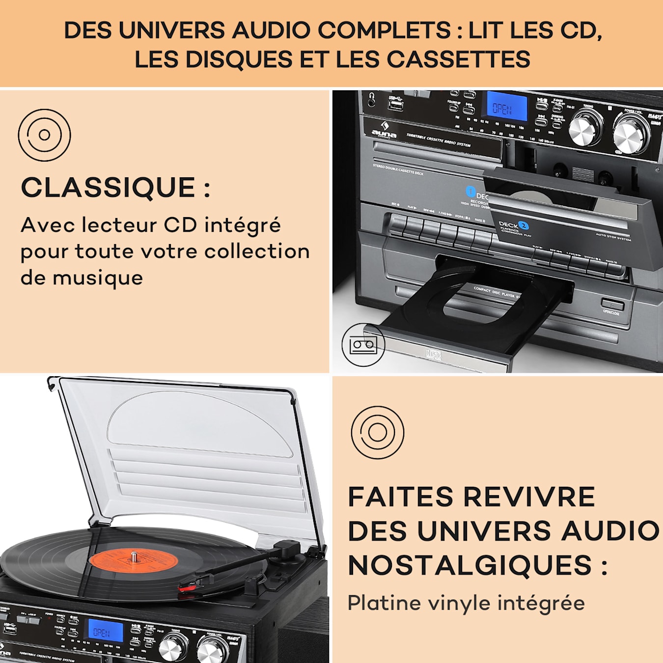 Auna Mini chaîne HiFi CD USB platine stereo k7 encodage MP3