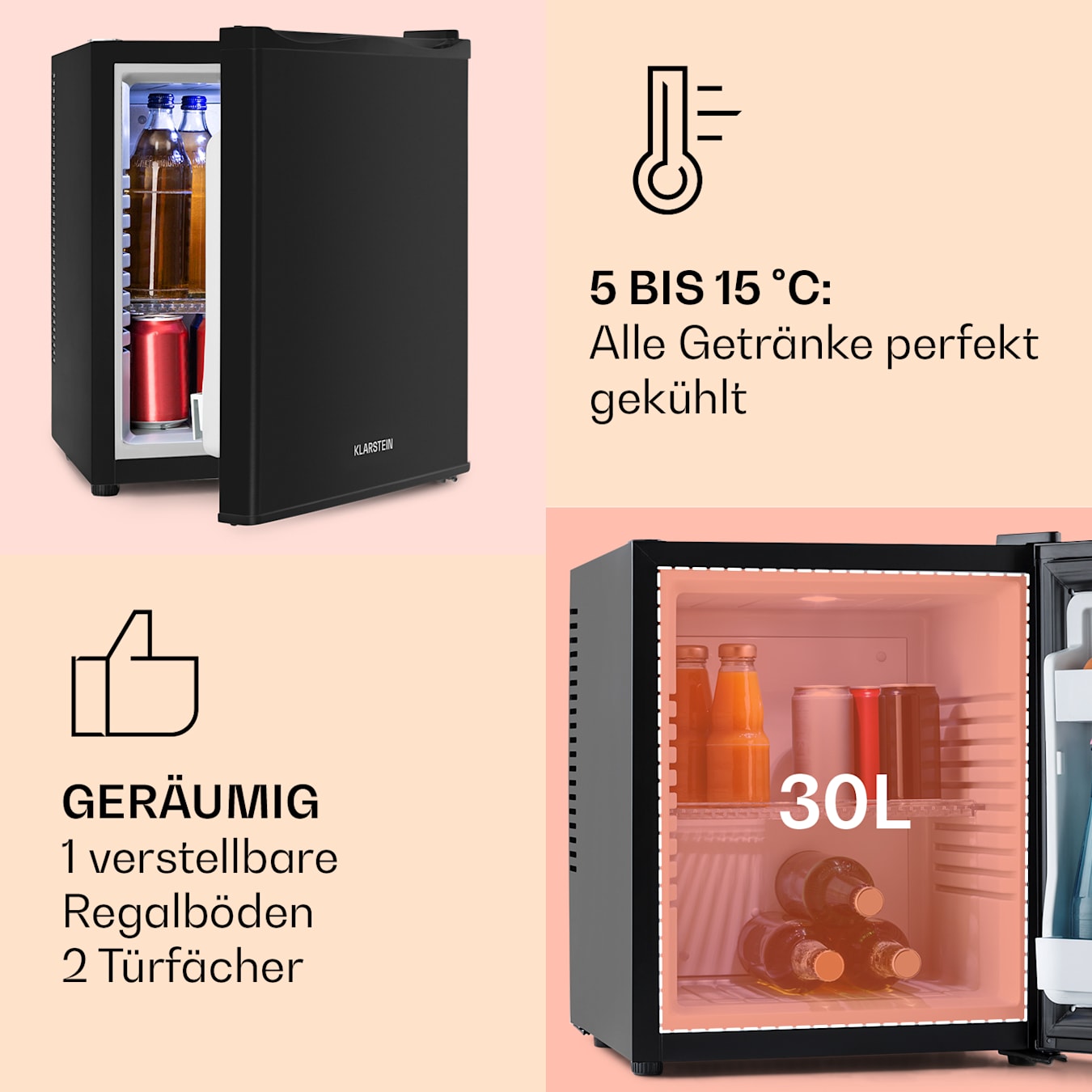 Happy Hour Minibar Minikühlschrank Getränkekühlschrank, Kompression, 30  Liter, Kühltemperatur: 5 - 15 °C, Energieeffizienzklasse G, lautlos: 25  dB, LED-Licht 30 Ltr