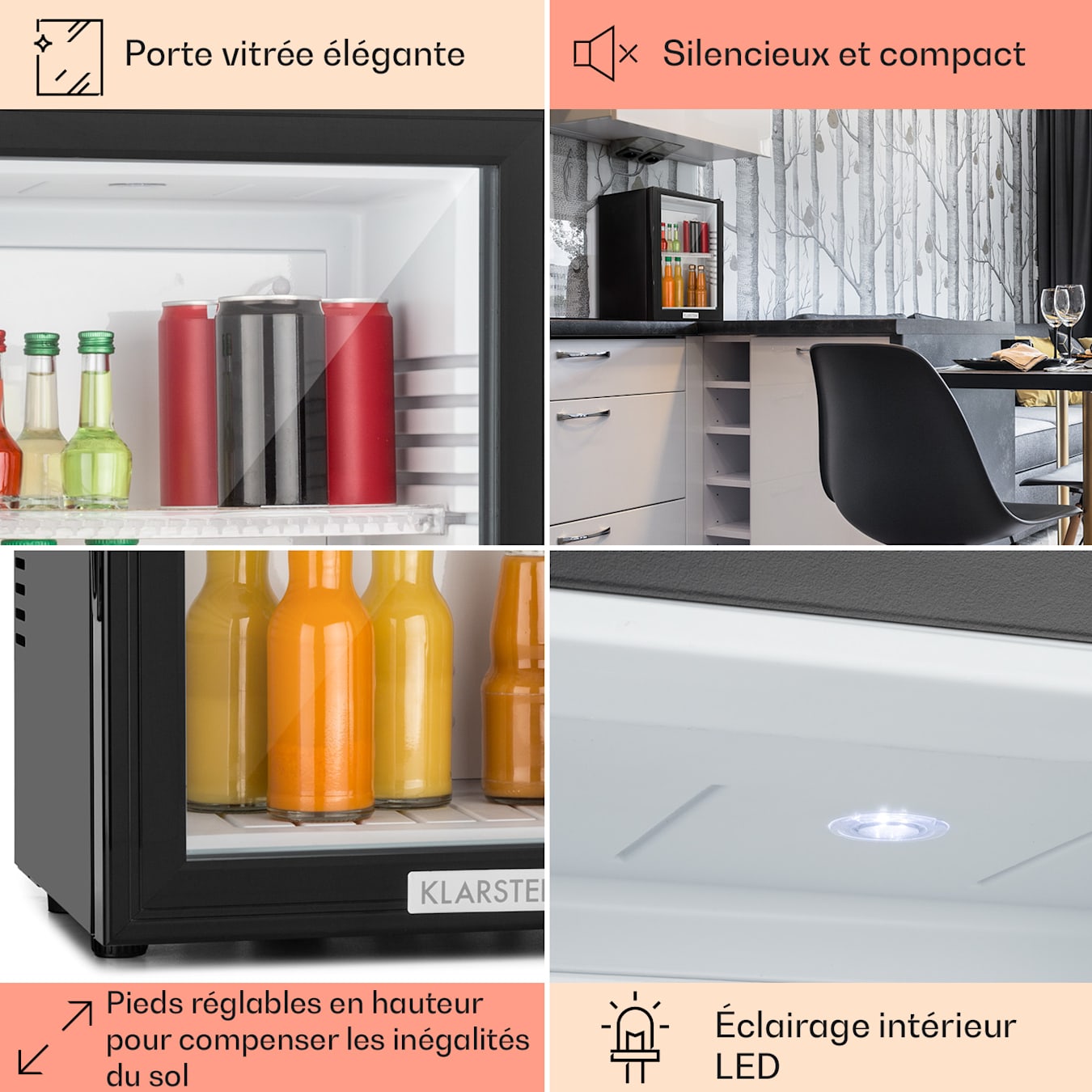 Réfrigérateur - Klarstein Brooklyn 23 Slim - LED - Clayette en plastique -  Mini bar - Porte vitrée - Noir