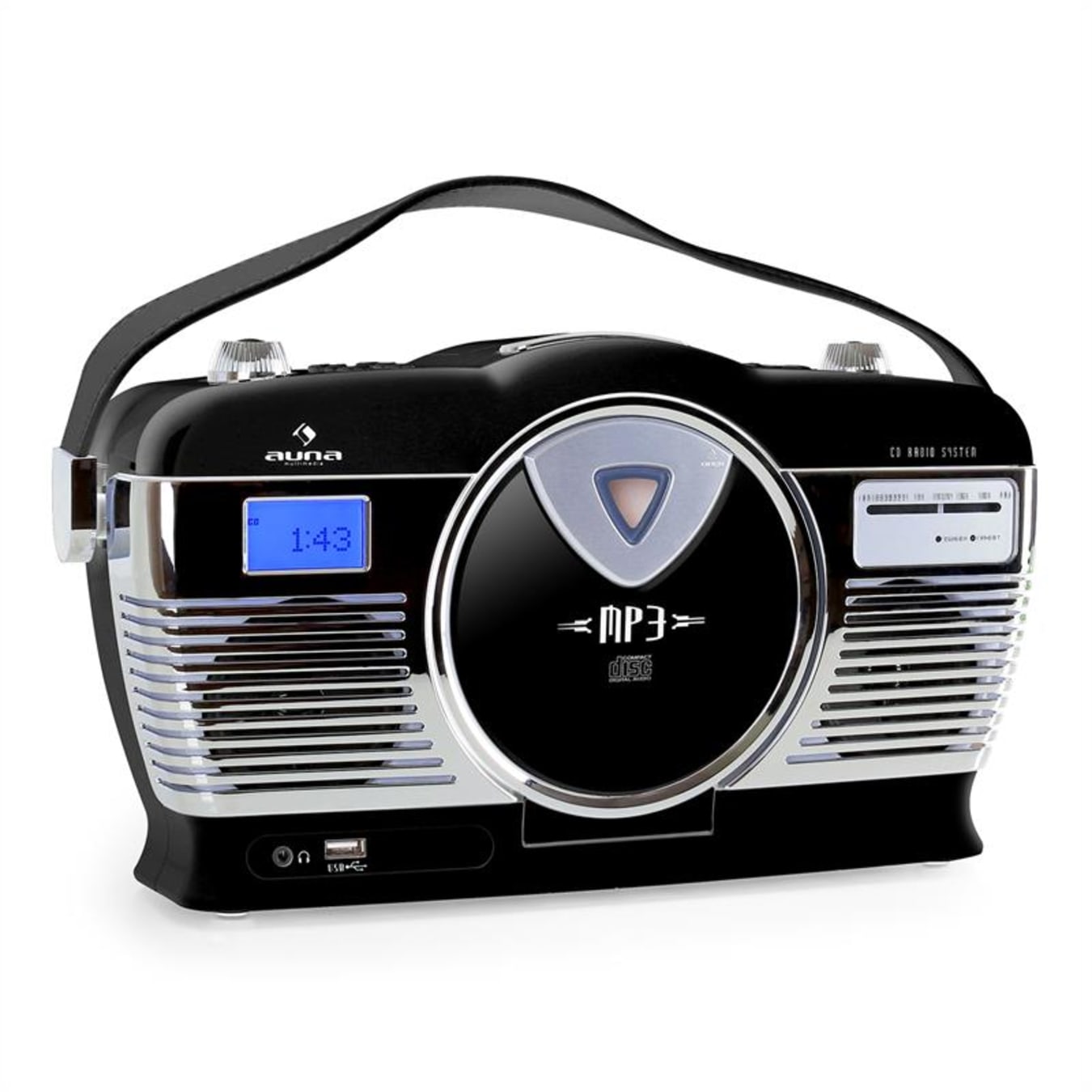 RCD-70 Radio retro FM USB CD pilas negro Negro