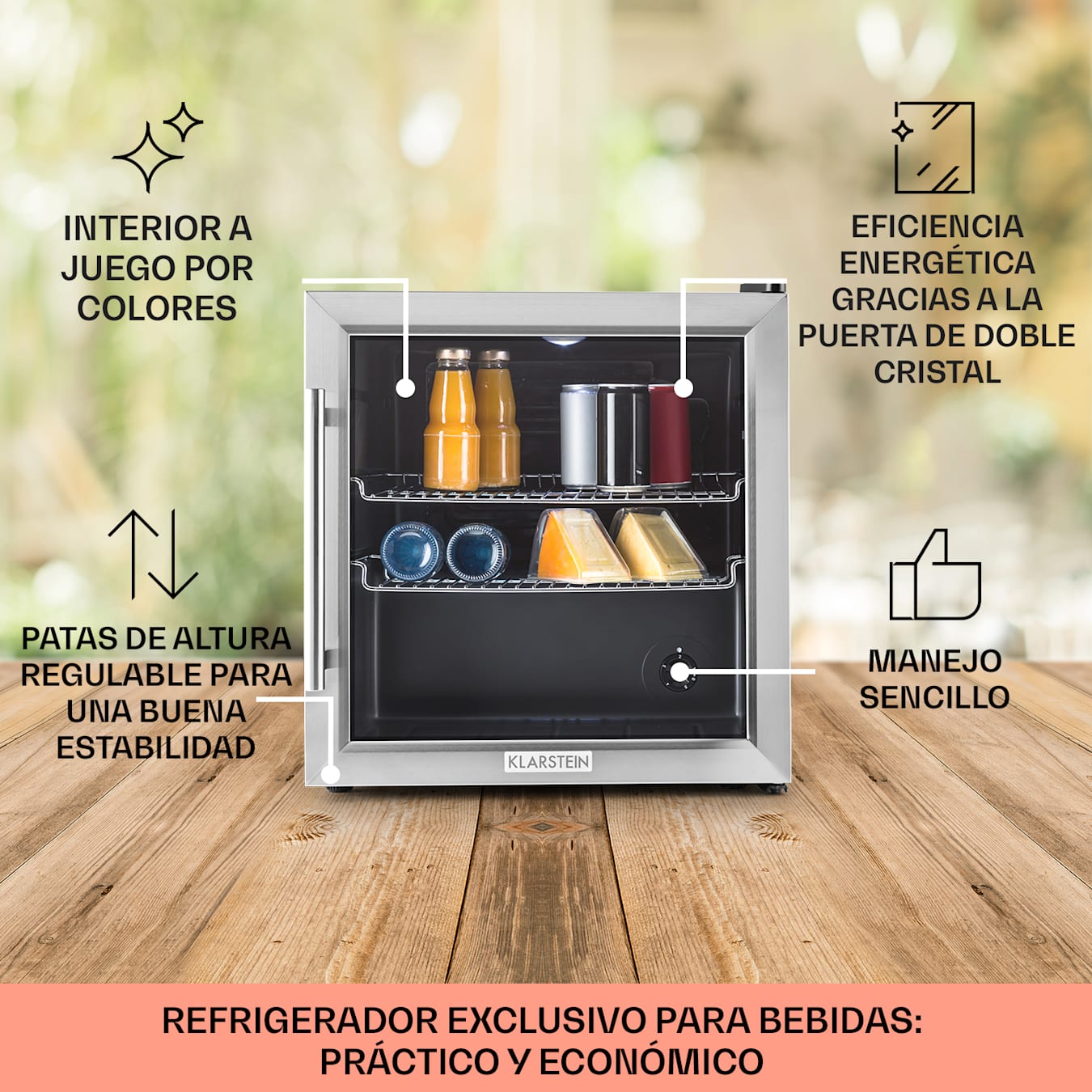  KLARSTEIN Beersafe - Minibar, Mini nevera, Refrigerador de  bebidas, Tranquilo, 42 dB, Acero inoxidable, Puerta de cristal, Controlador  de Temperatura 5 etapas, 2 Racks, 60 litros, Plata-Negro : Hogar y Cocina