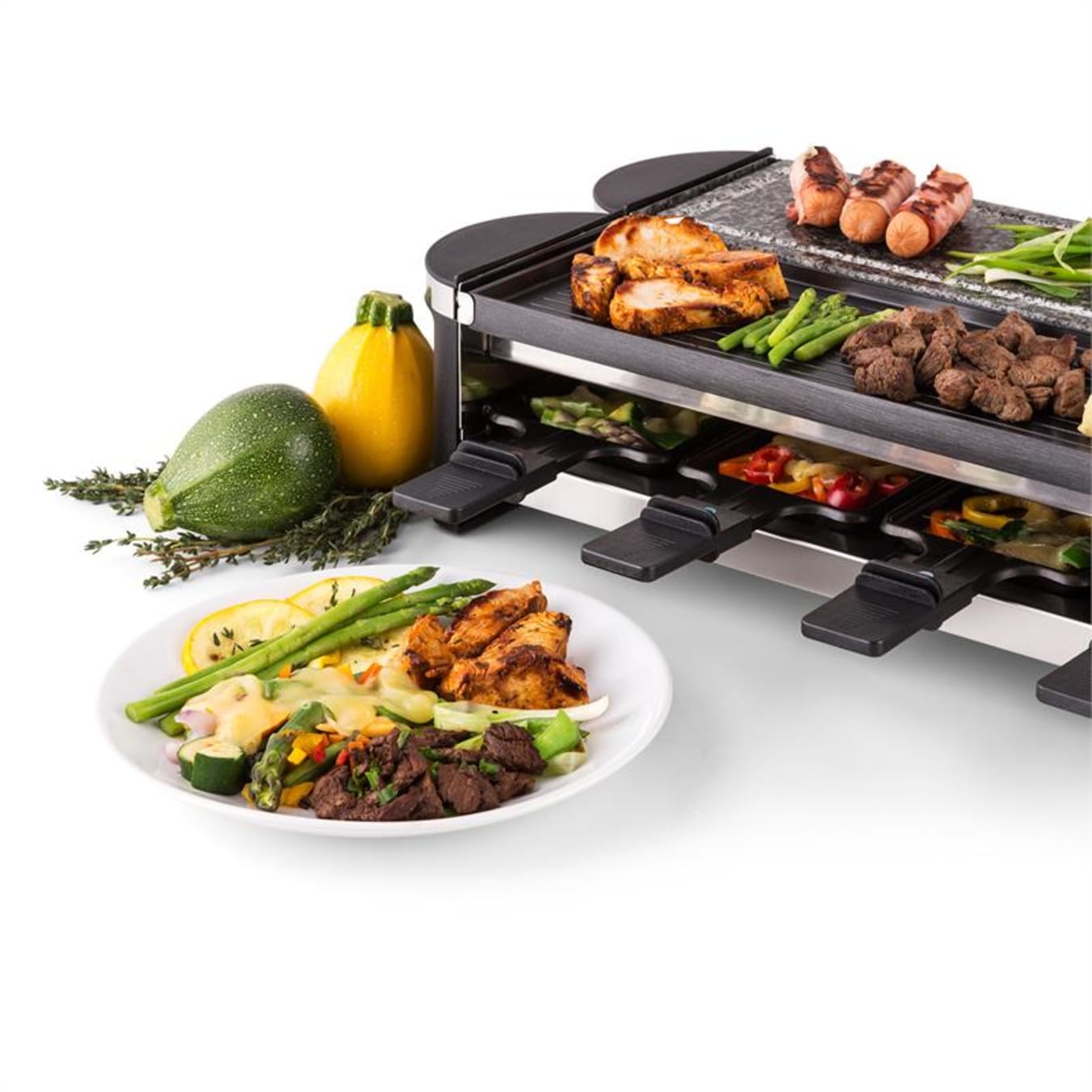 KESSER® Raclette grill - grill de mesa grill de fiesta grill eléctrico para  8 personas 8 sartenes y espátula de madera con juego de 3 platos - grill +  panqueque + piedra natural