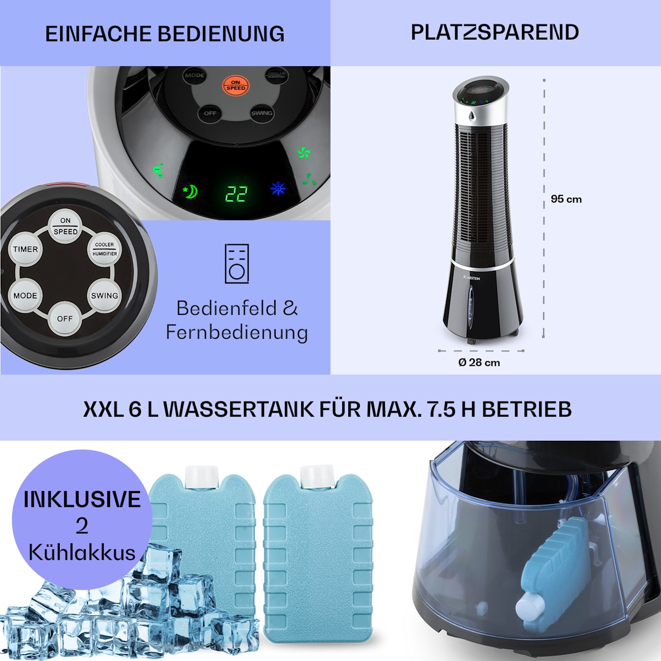 Skyscraper Ice 4-in-1 Luftkühler Ventilator 210 m³/h 30 W Oszillation mobil  Fernbedienung Ice