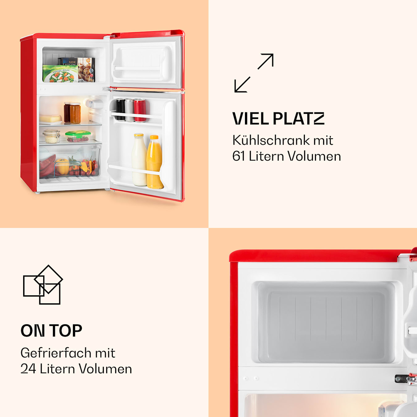 Monroe - Frigo e freezer combinati | Vano frigorifero: 61 litri/vano  congelatore: 24 litri | 2 ripiani | Vano per la verdura | 2 vani sullo  sportello | 0-10 °C | -18 °C | 70 Watt | Look rétro | Illumi Rosso