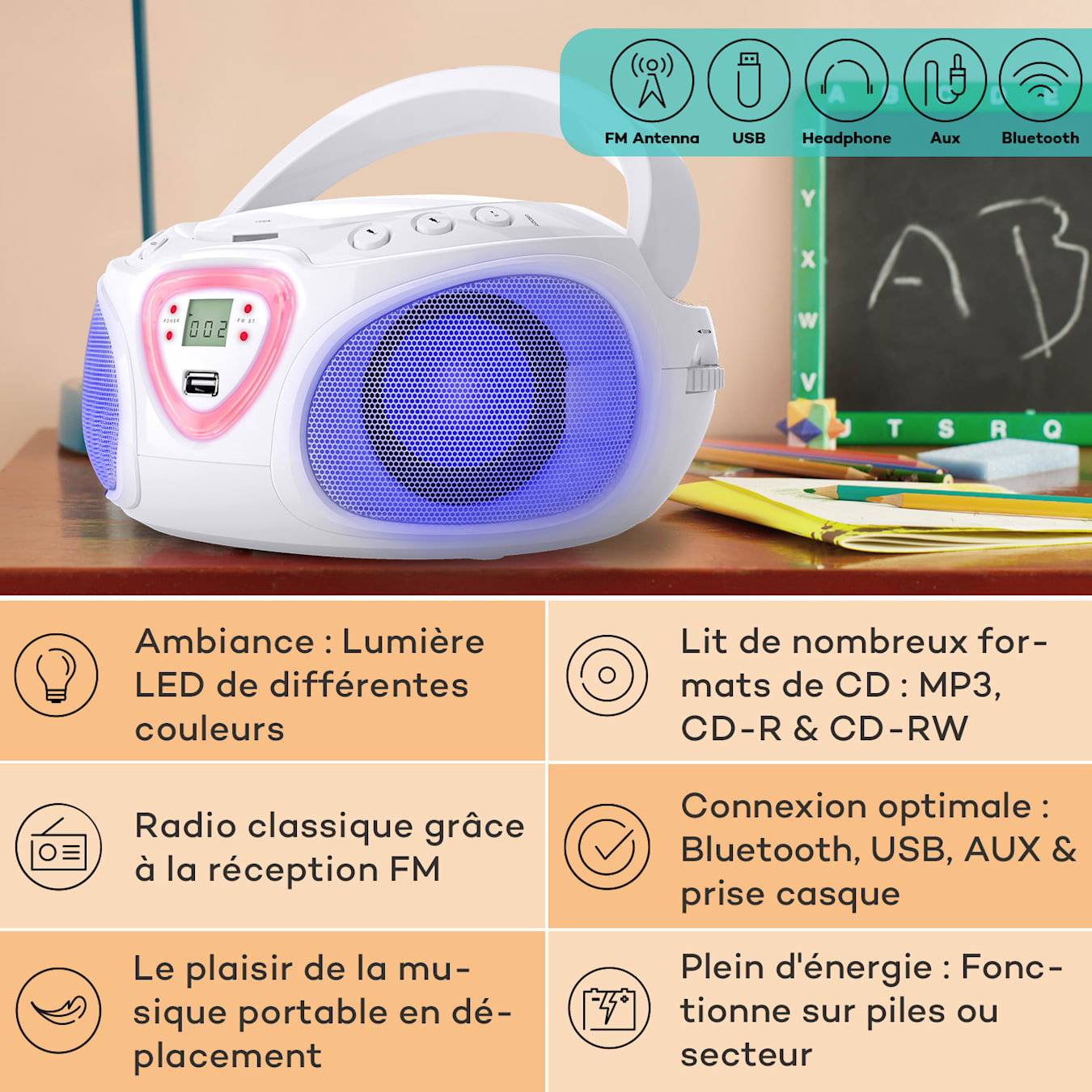 LECTEUR RADIO CD PORTABLE USB ROSE + SPEAKERS LUMINEUX