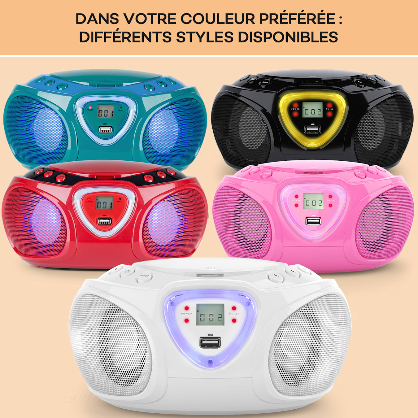 Lecteur CD portable, Lumières disco LED, Boombox, CD/CD-R, USB