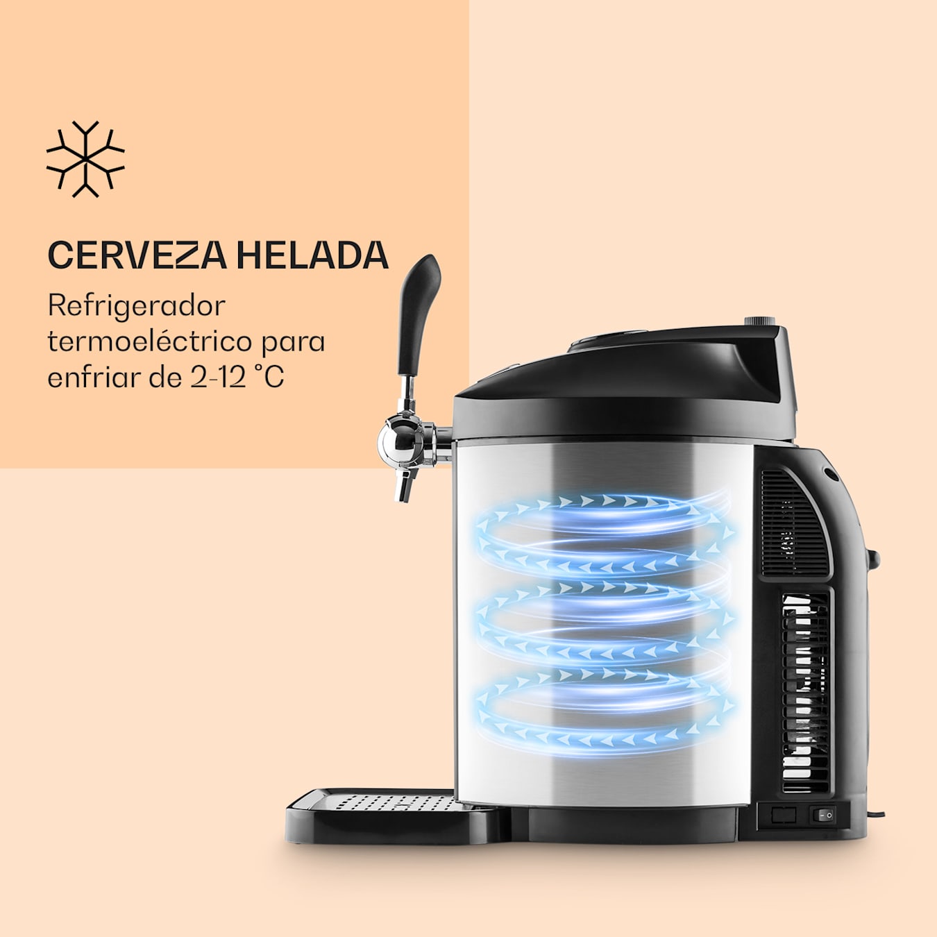 Skal Dispensador de cerveza Enfriador de cerveza, Para barriles de 5 L, Presión: CO2, incl. 3 cartuchos, 6 temperaturas de refrigeración: 2-12 °C, Grifo plateado, Bandeja de goteo