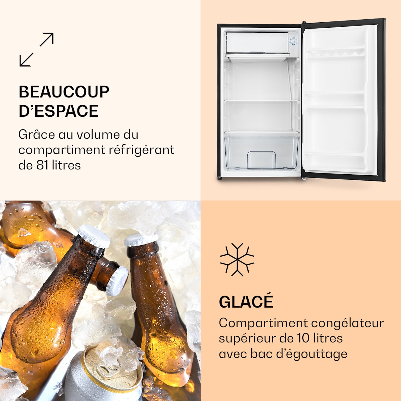 Réfrigérateur Delaware, Capacité de 75 litres, Classe d'efficacité  énergétique E, 2 étagères flexibles en verre, Congélateur : 4 litres