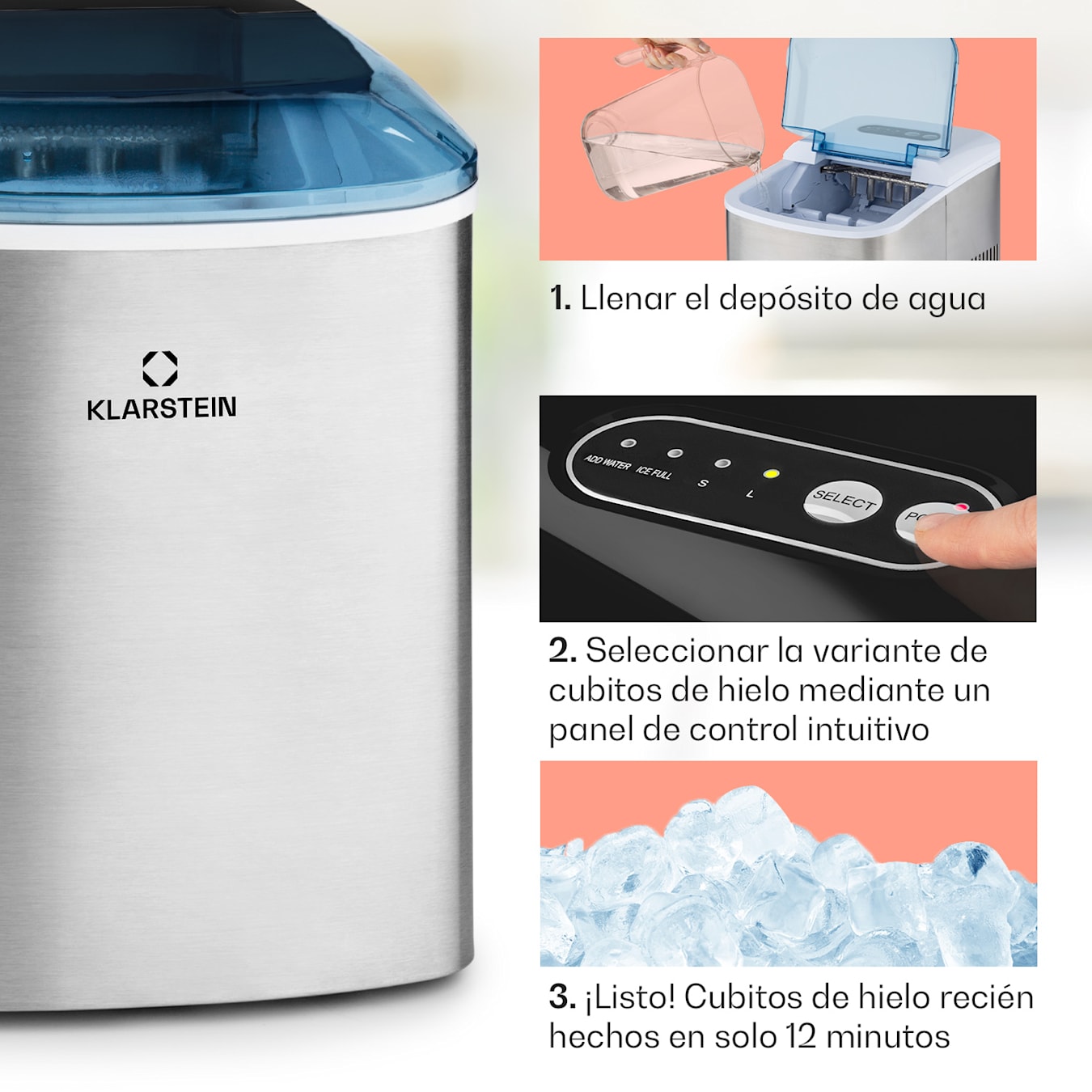 Klarstein Maquina de Hielo para Casa 2,1L, Ice Maker Encimera 12