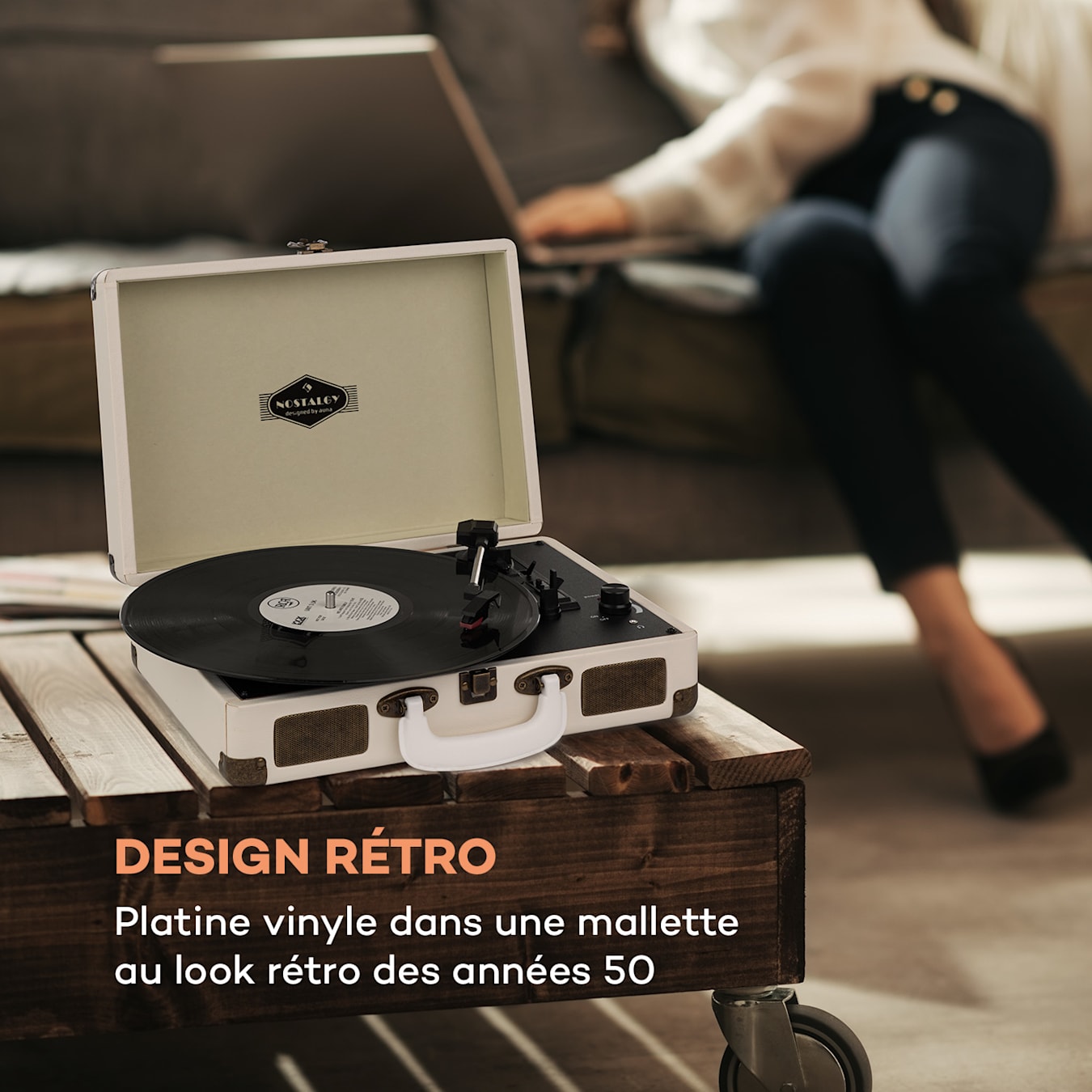 auna TTS6 Coffret à vinyles style rétro en cuir rangement 30 disques –  marron Brun