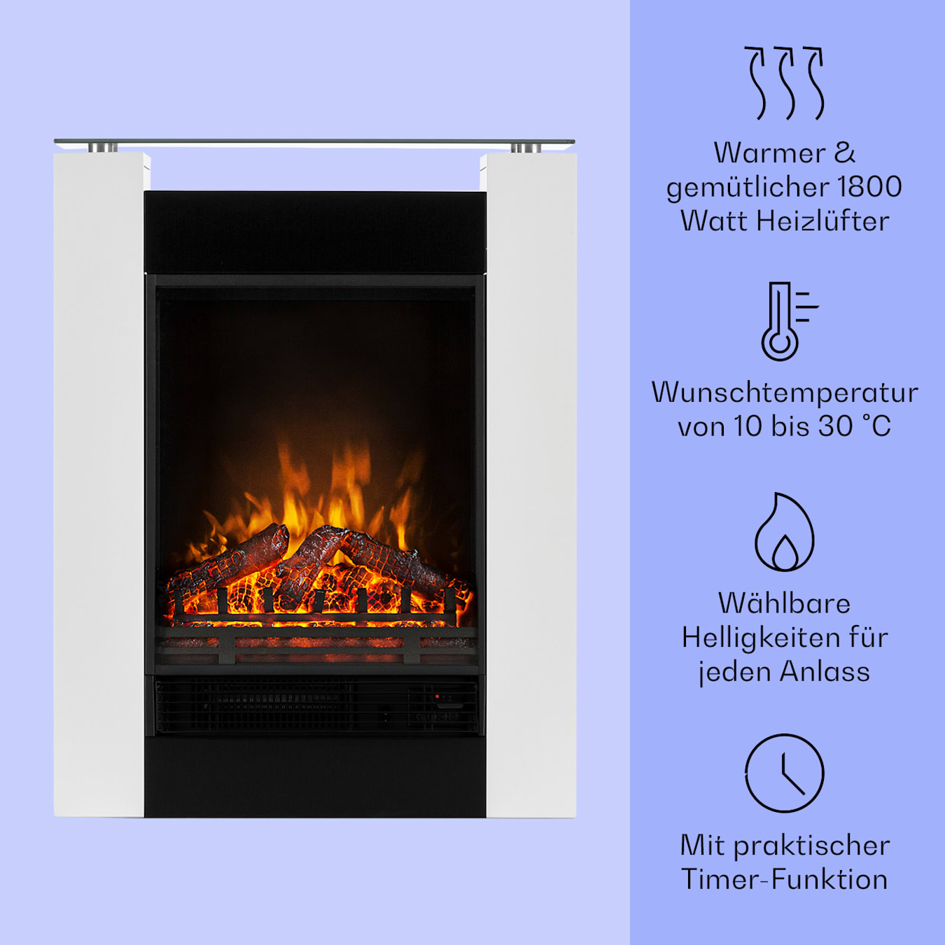 Camino elettrico Studio 5, Termoconvettore, 5 livelli di luminosità, 2  livelli di calore, 900 o 1800 Watt di potenza, Fiamma realistica