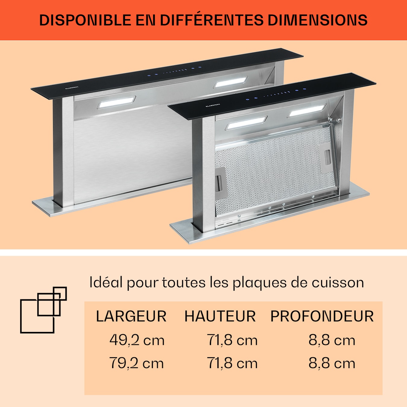 Hotte aspirante à courant descendant Royal Flush Eco 60 cm, Hotte aspirante  escamotable pour table & plan de travail, Débit d'air évacué : max. 576  m³/h