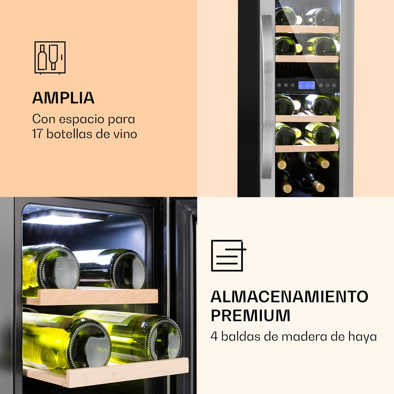 Vinovilla 17 Built-In Duo Nevera doble para vinos, 53 litros, 17 botellas,  puerta de cristal