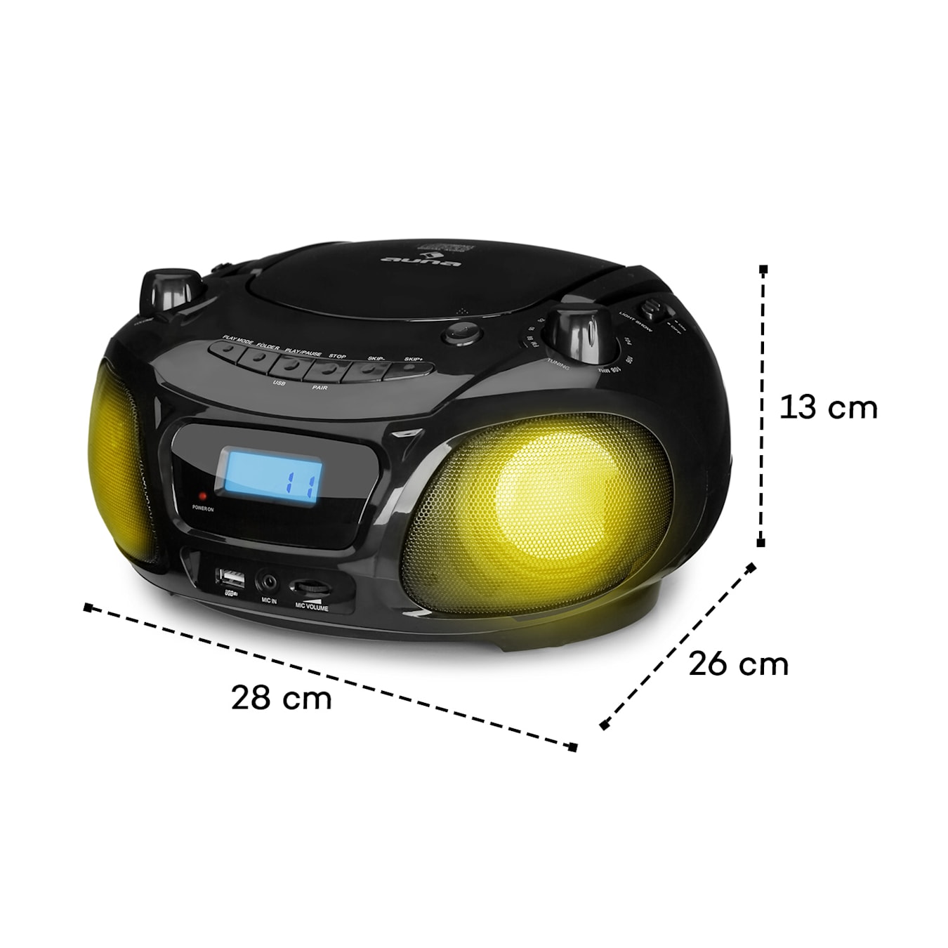 Roadie Sing CD Boombox avec radio FM et spectacle lumineux, Lecteur CD, Micro, Radio FM, Bluetooth, Effet lumineux LED disco, USB, AUDIO IN