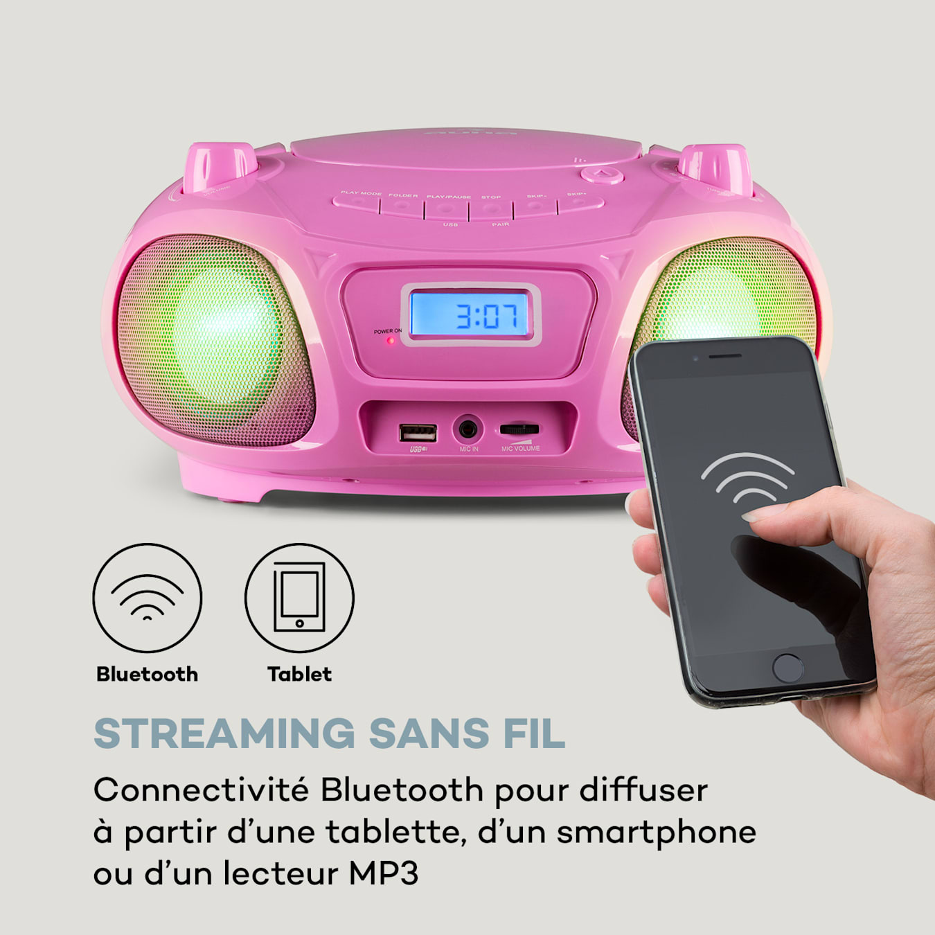 MINI CHAINE HIFI RADIO FM PORTABLE CD/MP3/USB MICROPHONE & EFFETS LUMINEUX  ROSE