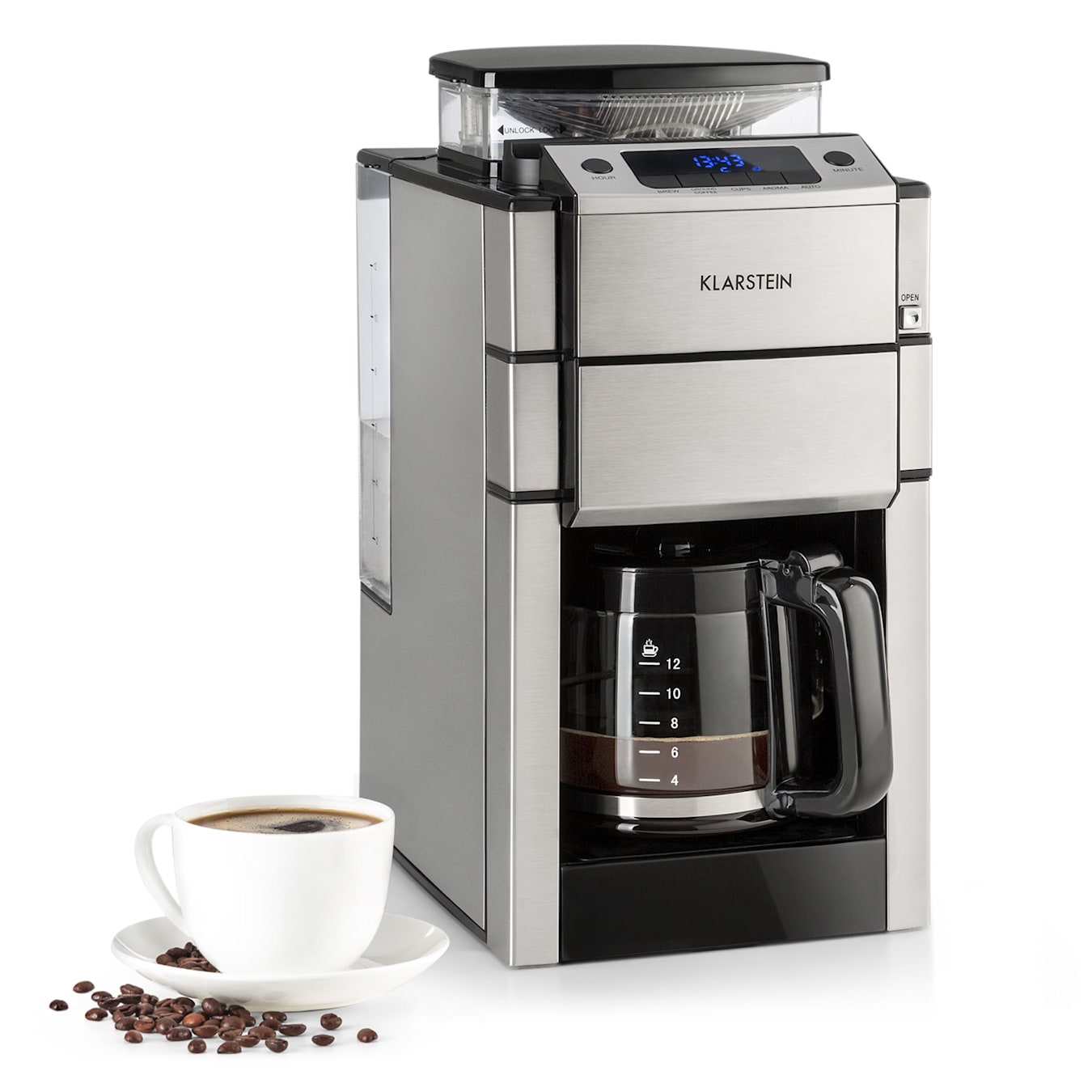 Klarstein Aromatica II Thermo Cafetera Molinillo de café integrado 1,25 L  Plateado Jarra térmica