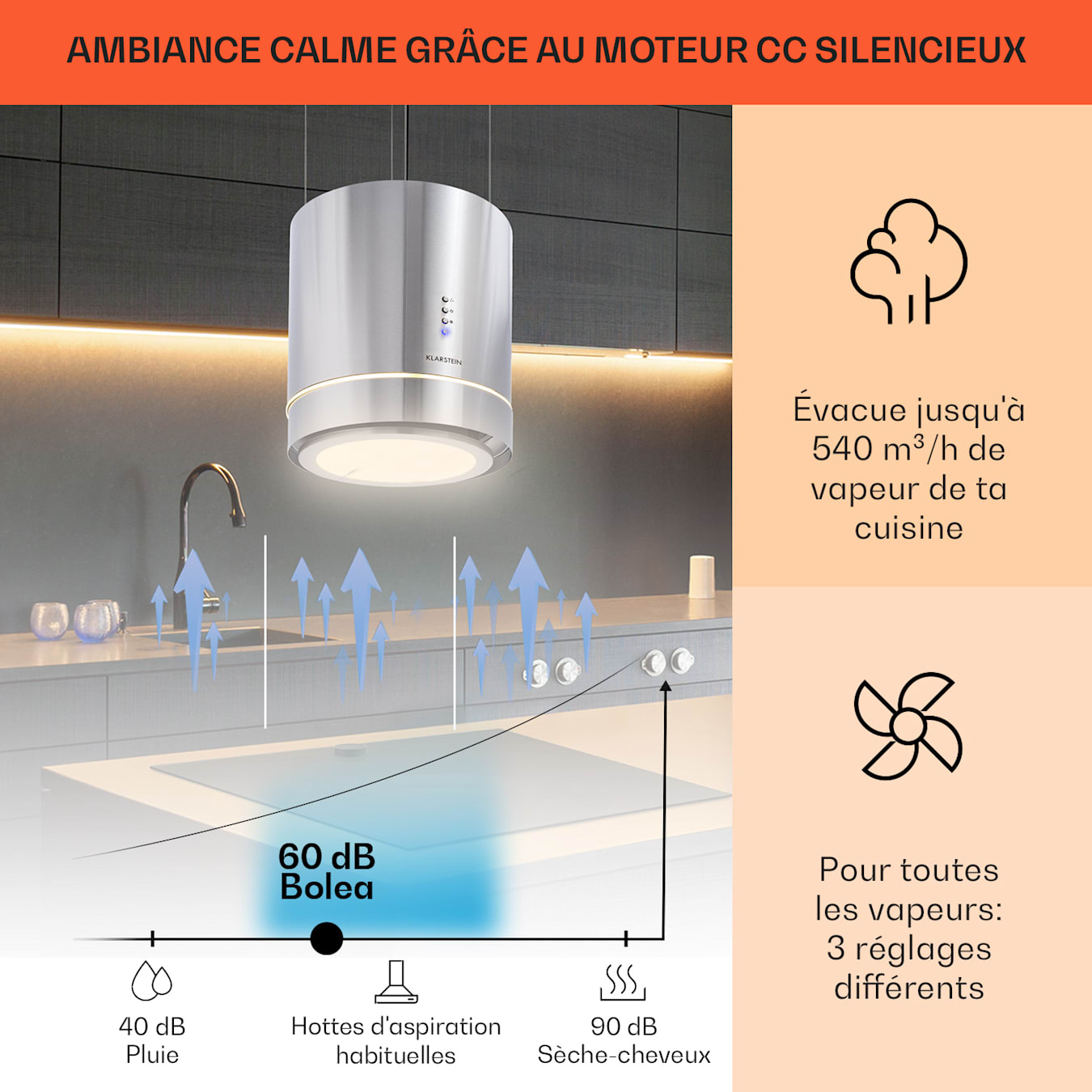 Klarstein Hotte Aspirante Ilot Central de Cuisine Silencieuse et Design,  Débit d'air 595m³/h, Minuteur, 3 Modes, Contrôle via Application Mobile, Hotte  Aspirante Suspendue Sans Evacuation et Charbon : : Gros  électroménager