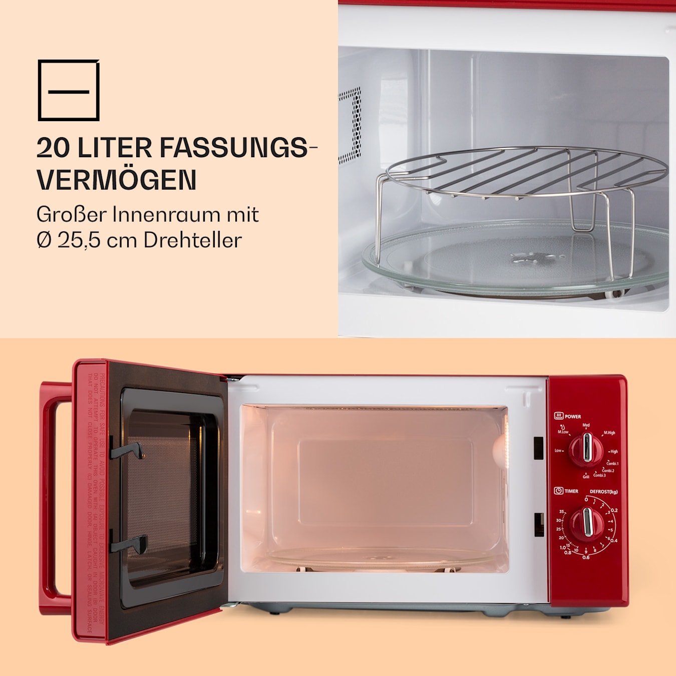 Caroline Mikrowelle, 20 Liter, Mikrowelle: 700 W, Grill: 1000 W, QuickSelect: 3 Kombi-programme + 5 Leistungsstufen, Retro-Design, Easy  Handling: nur 2 Regler, Auftau-Funktion, Timer