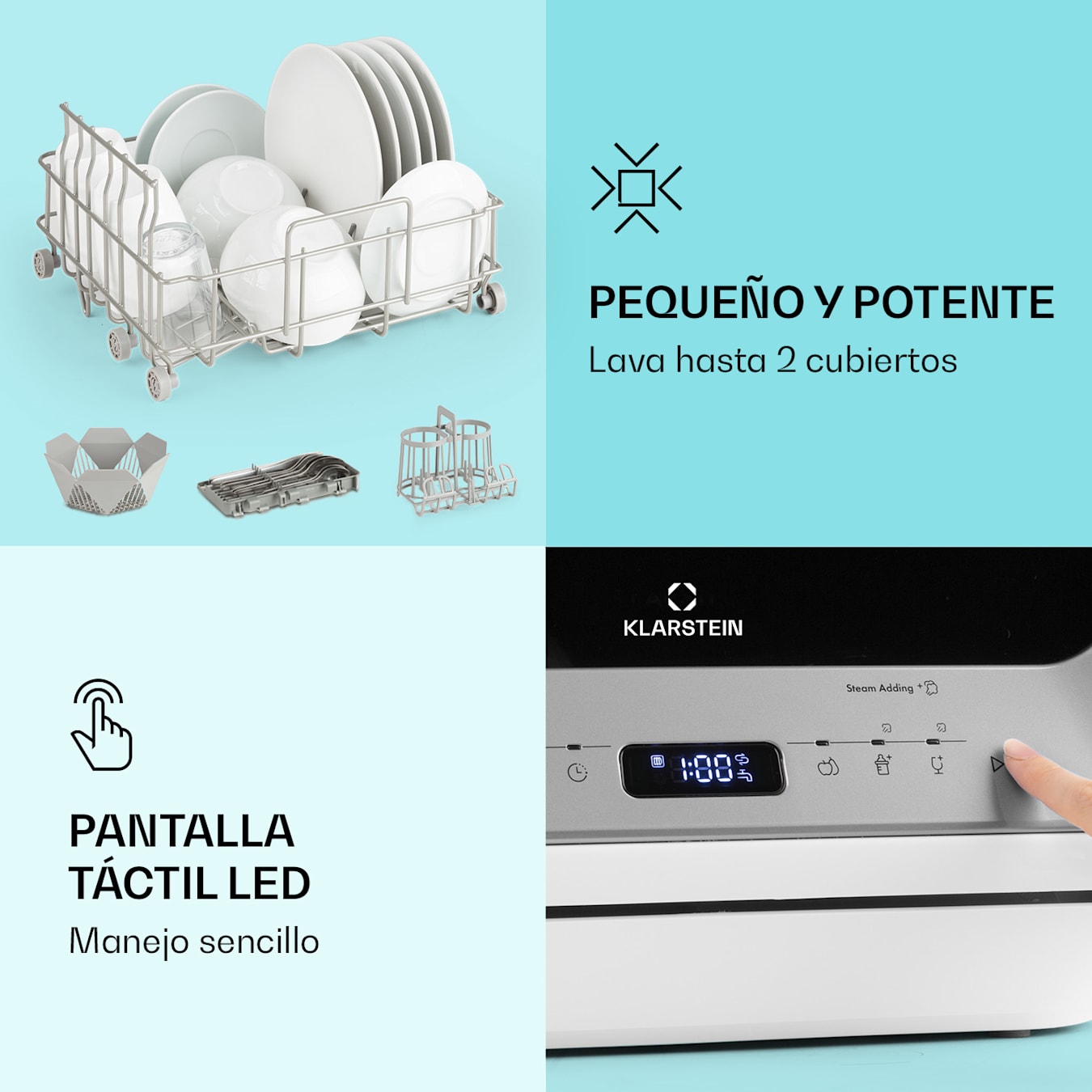 ia Mini lavavajillas, Seis programas: Eco, 1 hora, Programa rápido,  Fruta, Desinfección en caliente y Vidrio, EEK G, Consumo de agua: 5  litros, Listo para ser usado, Pantalla LED