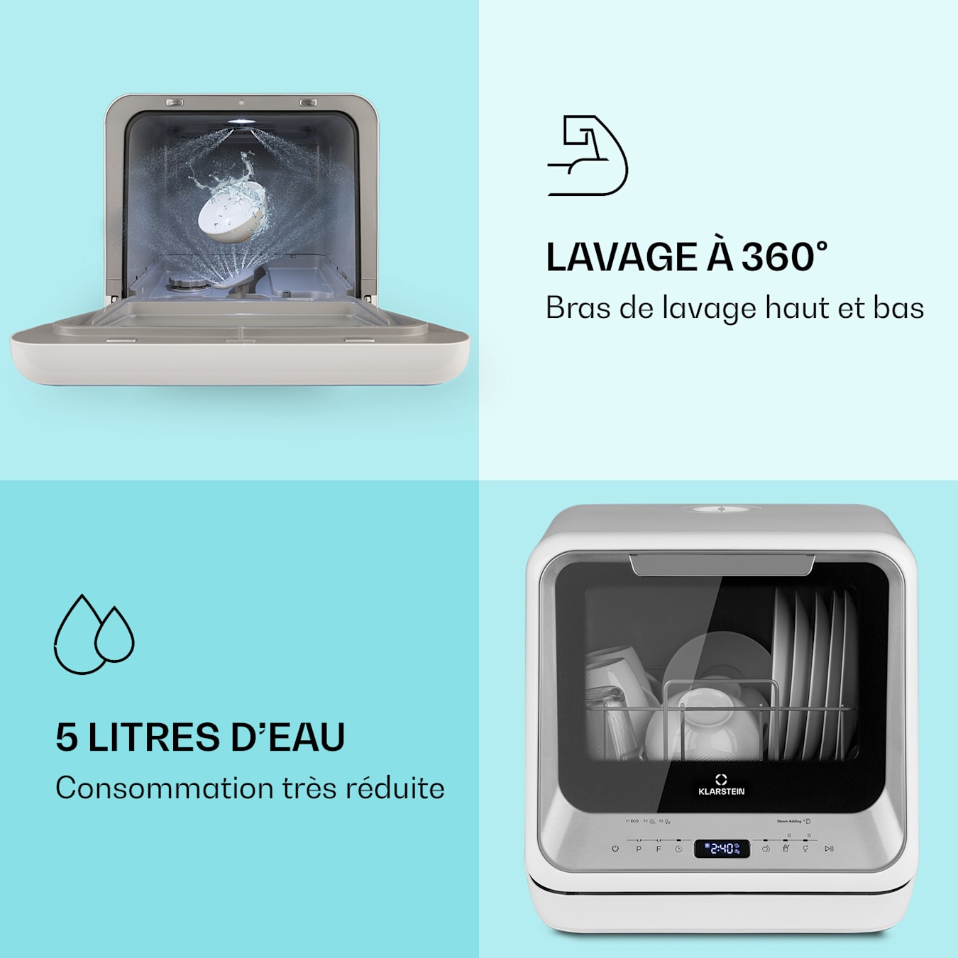 Mini lave-vaisselle ia, six programmes : Eco, 1 heure, programme  rapide, fruits, désinfection à chaud et verre, CEE G, Consommation d'eau  : 5 litres, Prêt àl'emploi, Affichage LED