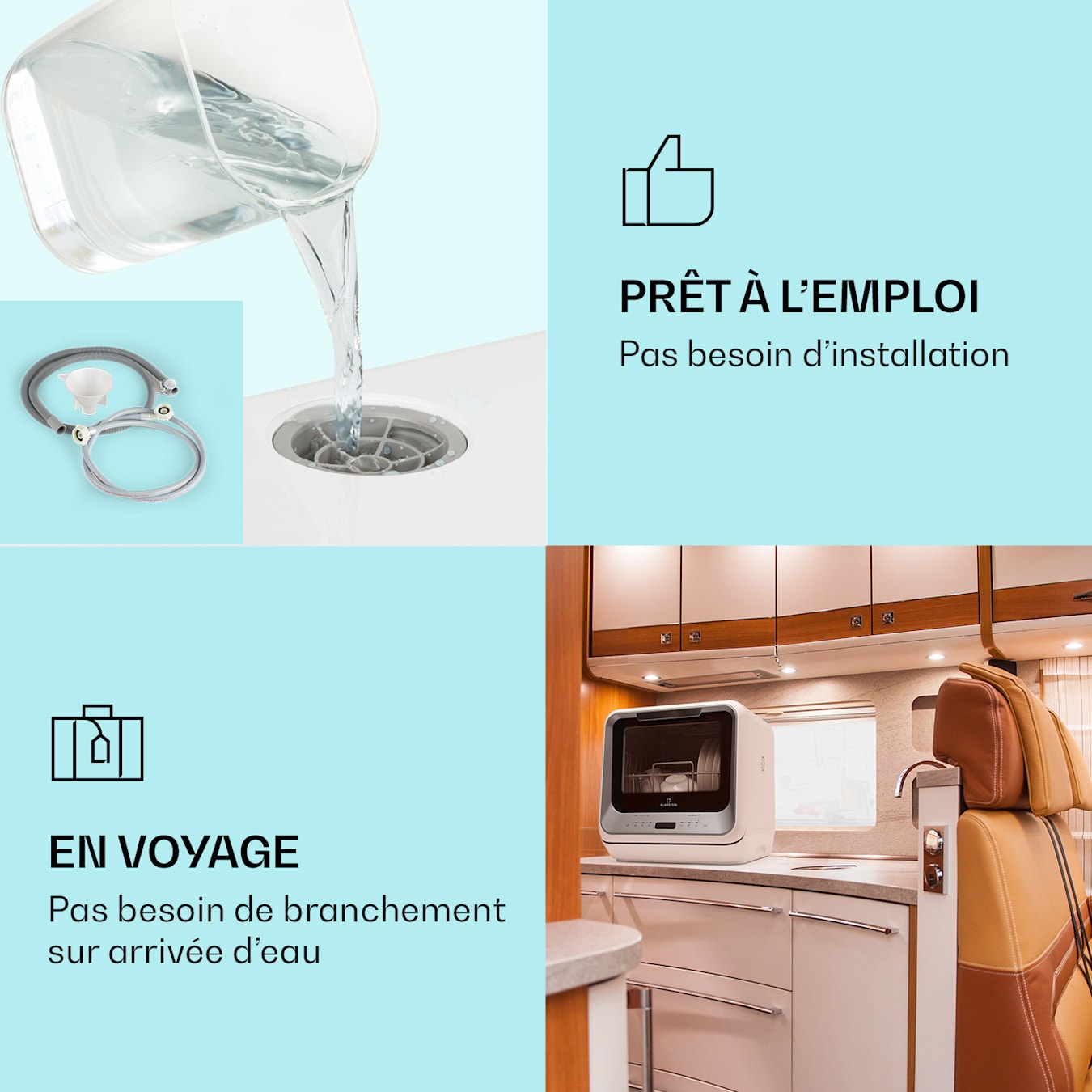 Mini lave-vaisselle ia, six programmes : Eco, 1 heure, programme  rapide, fruits, désinfection à chaud et verre, CEE G, Consommation d'eau  : 5 litres, Prêt àl'emploi, Affichage LED