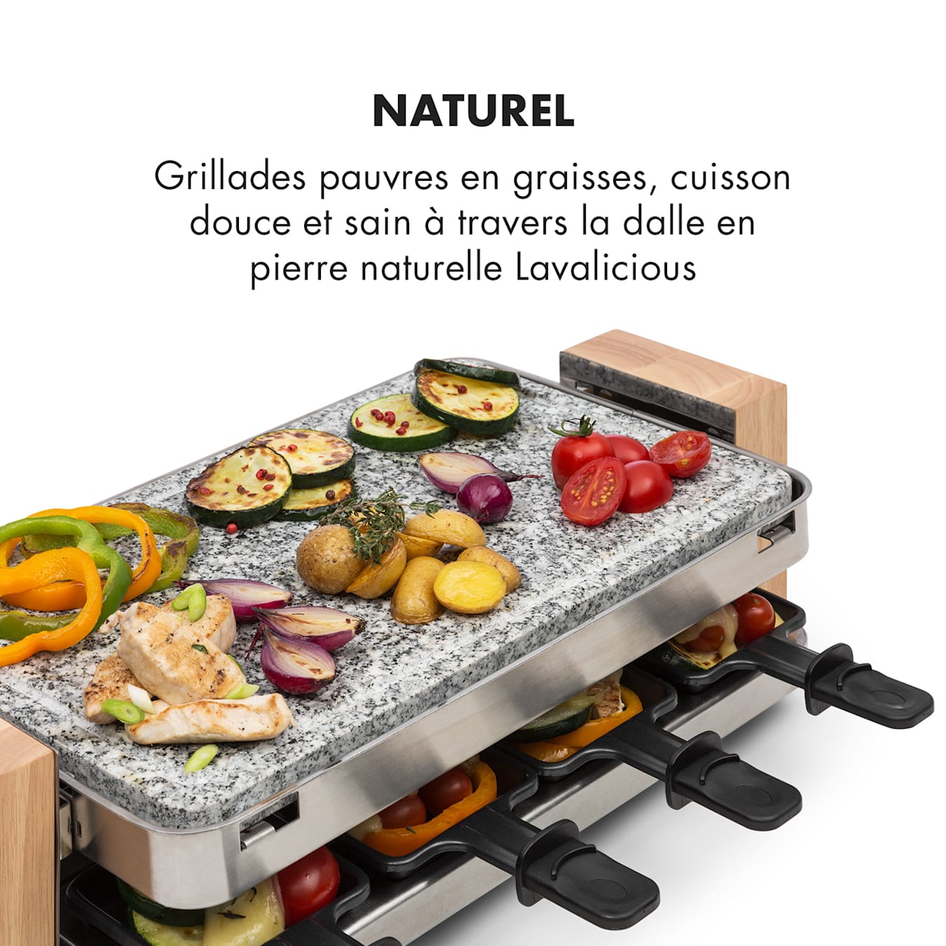 Gril à raclette Prime-Rib, 1500 watts, boîtier en acier inoxydable, plateau en pierre naturelle de granit, thermostat, réglage de la chaleur  en continu, pieds en bois solides