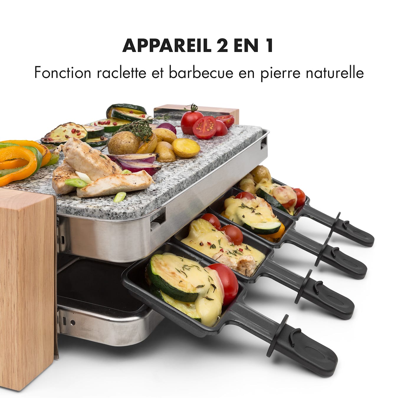 Gril à raclette Prime-Rib, 1500 watts, boîtier en acier inoxydable, plateau en pierre naturelle de granit, thermostat, réglage de la chaleur  en continu, pieds en bois solides