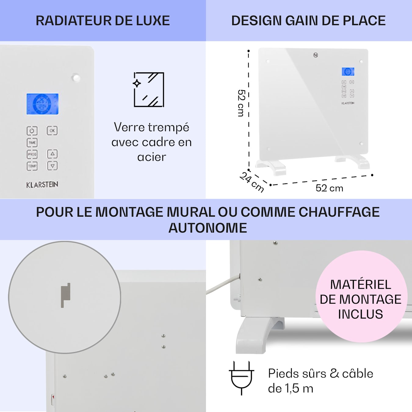 Klarstein Chauffage électrique - Chauffage par convecteur 1500 W sur pied  et mural 