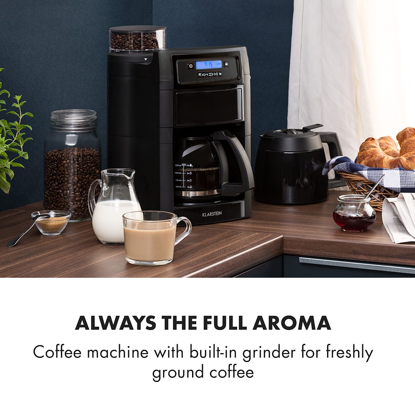 Klarstein Aromatica set koffiezetapparaat, koffiemolen, 1,25 l, zwart Glazen kan & thermoskan