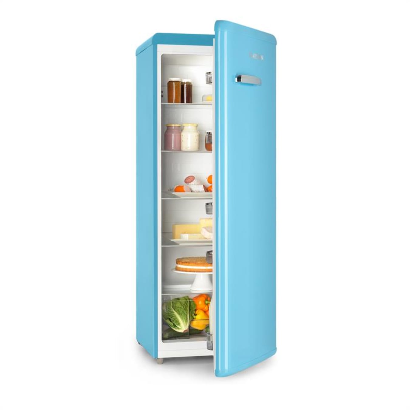 Irene XL -retrojääkaappi täystilajääkaappi | 240 litran tilavuus |  jäähdytyslämpötila: 0–10 °C (portaaton) | vihanneslokero | 4 tasoa |  pullohylly ja kananmunateline | Vint-Age Concept: 50-luvun retro Sininen