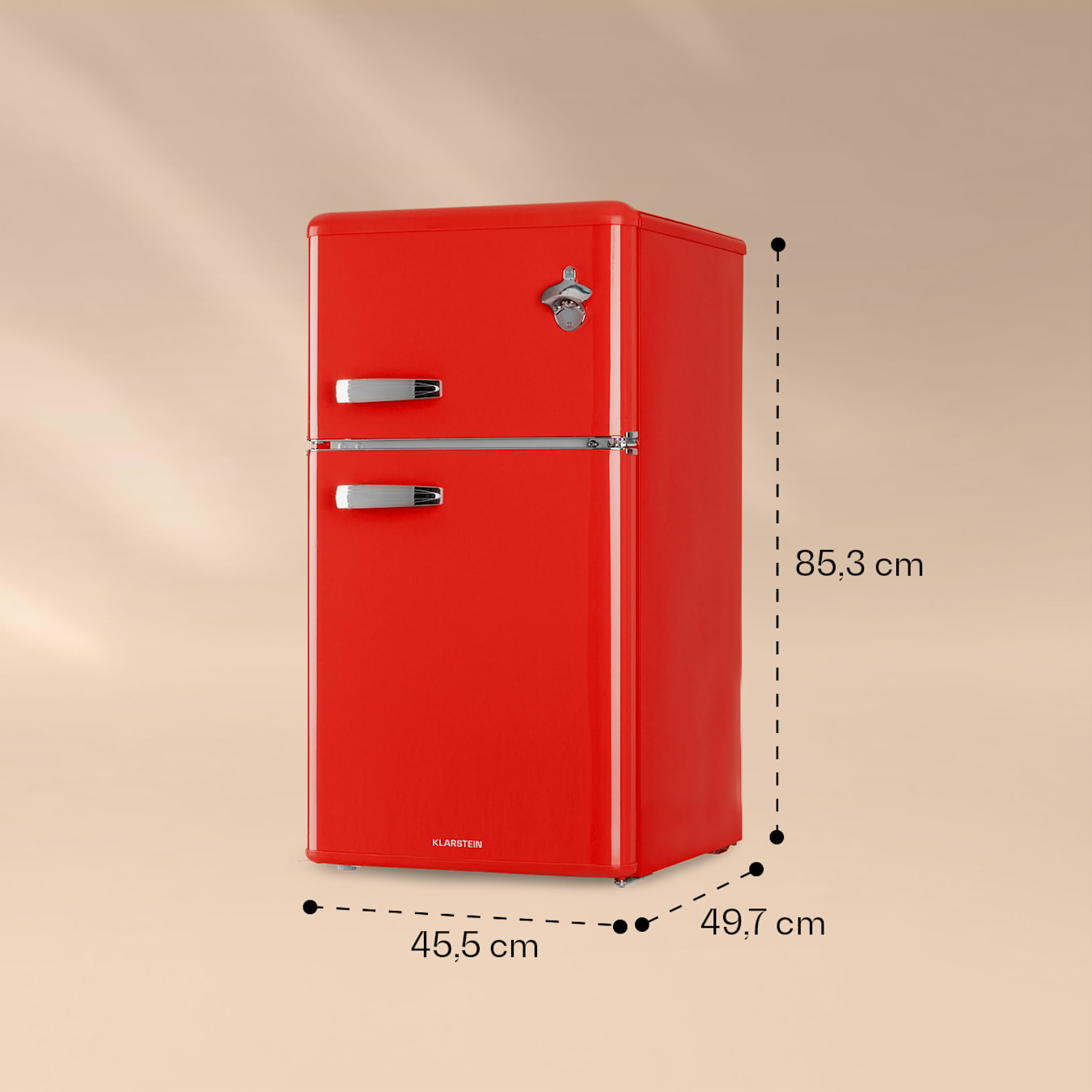 Kühlschrank im Retro-Stil. Kühl-Gefrierkombination, 105.5 cm hoch, 41 cm  breit, zweitürig, mit einem Gesamtvolumen