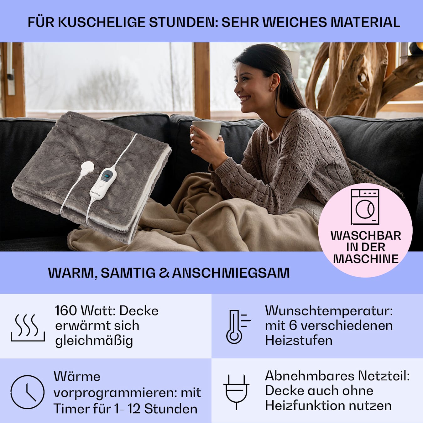 Dr. Watson SuperSoft Heizdecke Kuscheldecke Couchdecke, Leistung: 120 W, 6 Powerstufen, beleuchtetes Display, waschbar: abnehmbares Netzteil, 180  x 130 cm