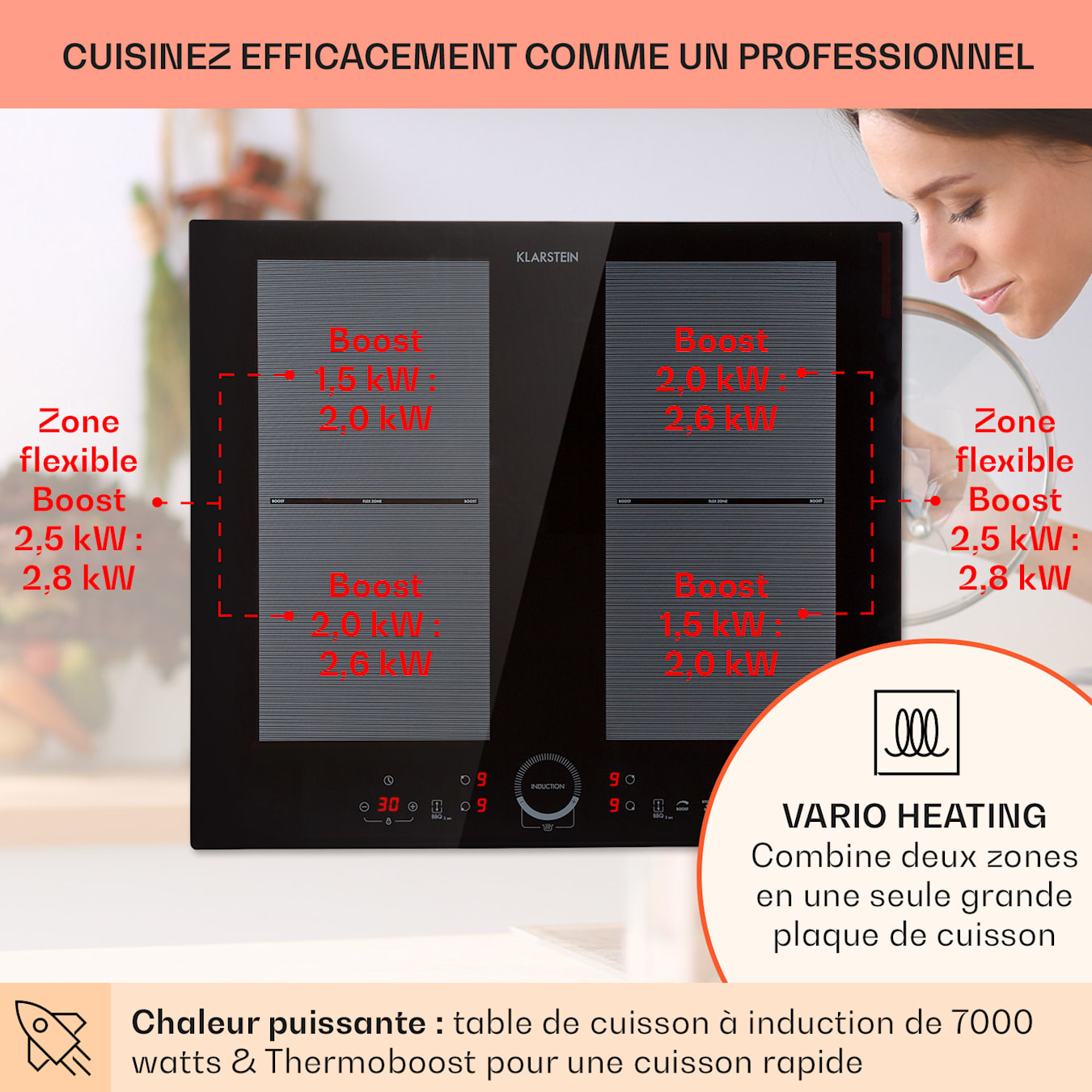 Delicatessa 60 Plaque de cuisson à induction Plaque à encastrer | 4 zones :  7000 W (2 x 2000 W / 2 x 1500 W) en 9 niveaux de puissance avec ThermoBoost  | Plaque : 60 x 52 cm | Vitrocéramique Noir