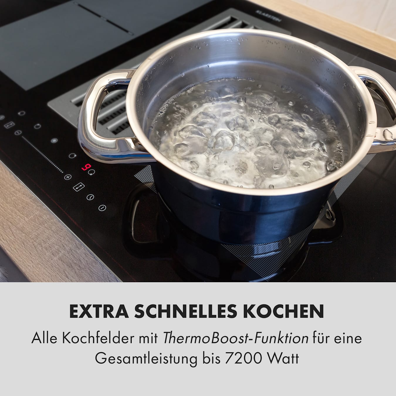 Full House 3.0 DownAir Induktions-Kochfeld mit Kochfeldabzug, Down Air  Haube, Tischhaube, Einbau, Autark, 90 cm, 4 Zonen, 2 Flexzonen, 7150  W, 655 m³/h Abluftleistung, EEK A