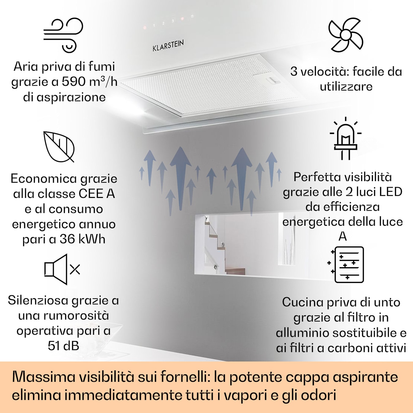 Klarstein Kronleuchter L Cappa a Isola 60cm Scarico: 590m³/h LED Touch  bianco Bianco